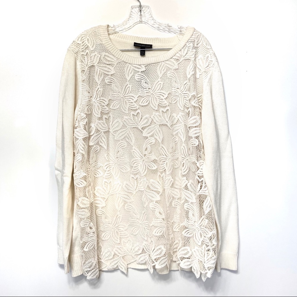 Lane Bryant Lace Overlay Crew Neck Cream Sweater